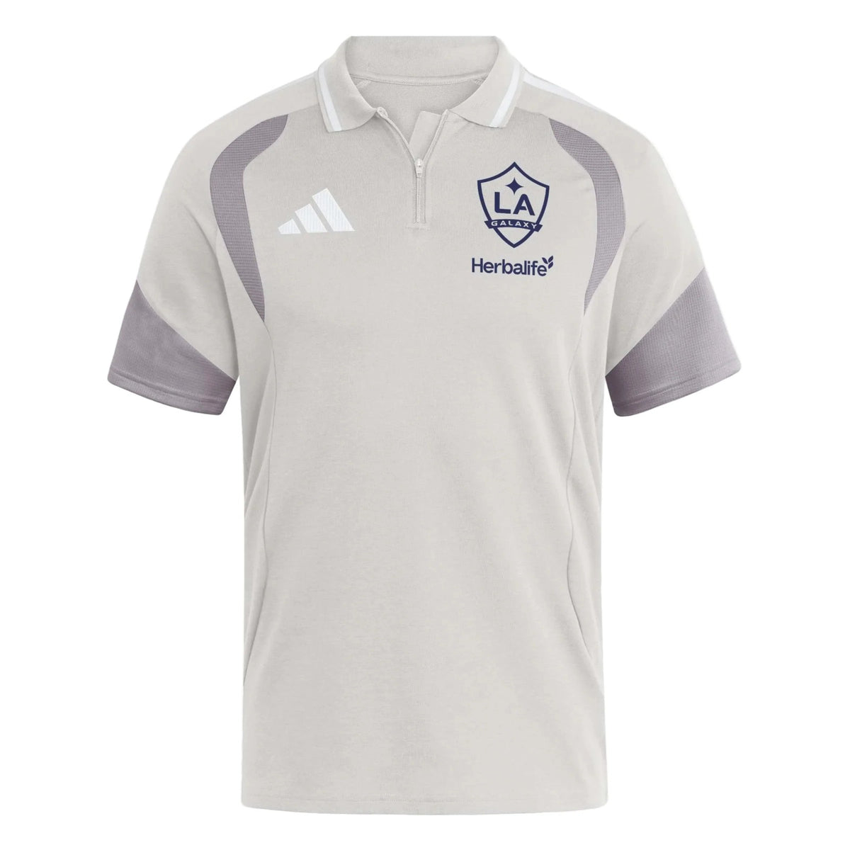 LA Galaxy 2026 travel polo shirt front, light grey with navy crest