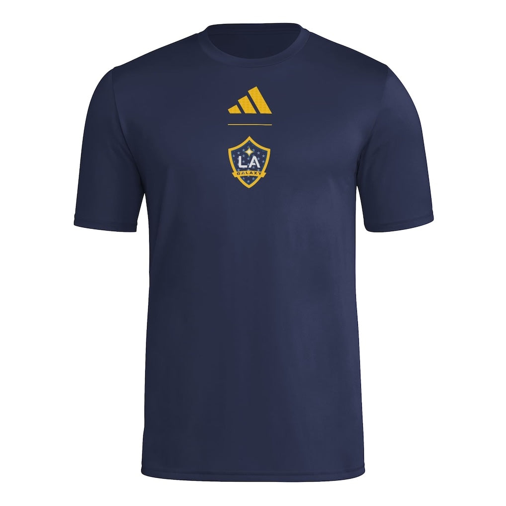 LA Galaxy 2026 navy travel shirt front with gold crest