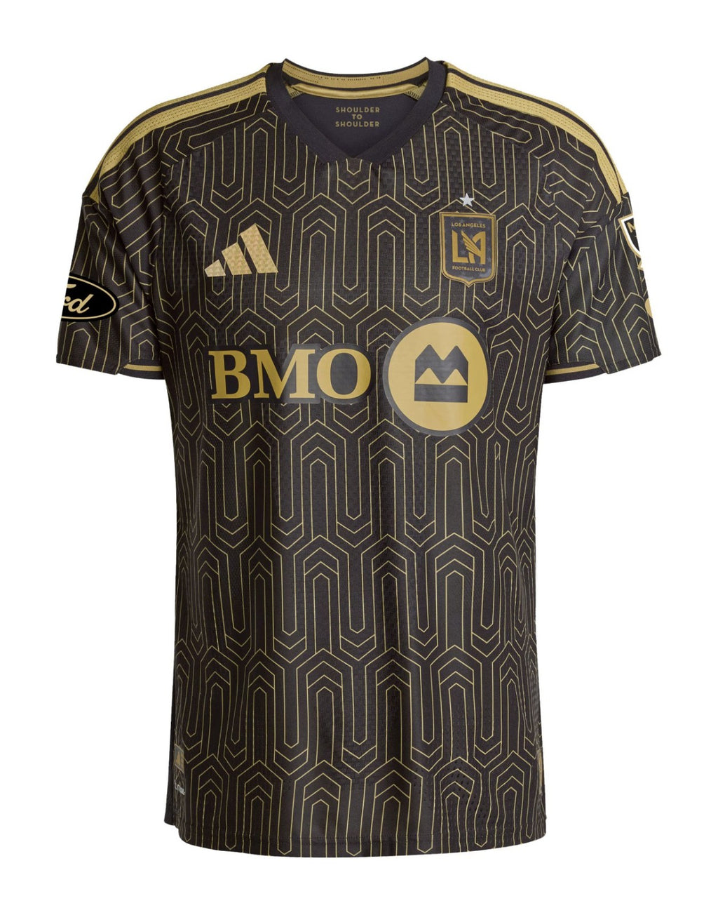 Los Angeles FC 2026 home shirt front, black and gold Art Deco pattern