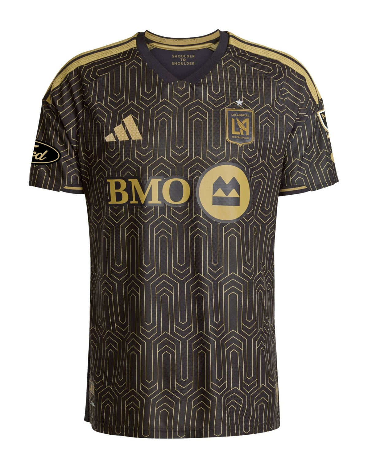 Los Angeles FC 2026 home shirt front, black and gold Art Deco pattern