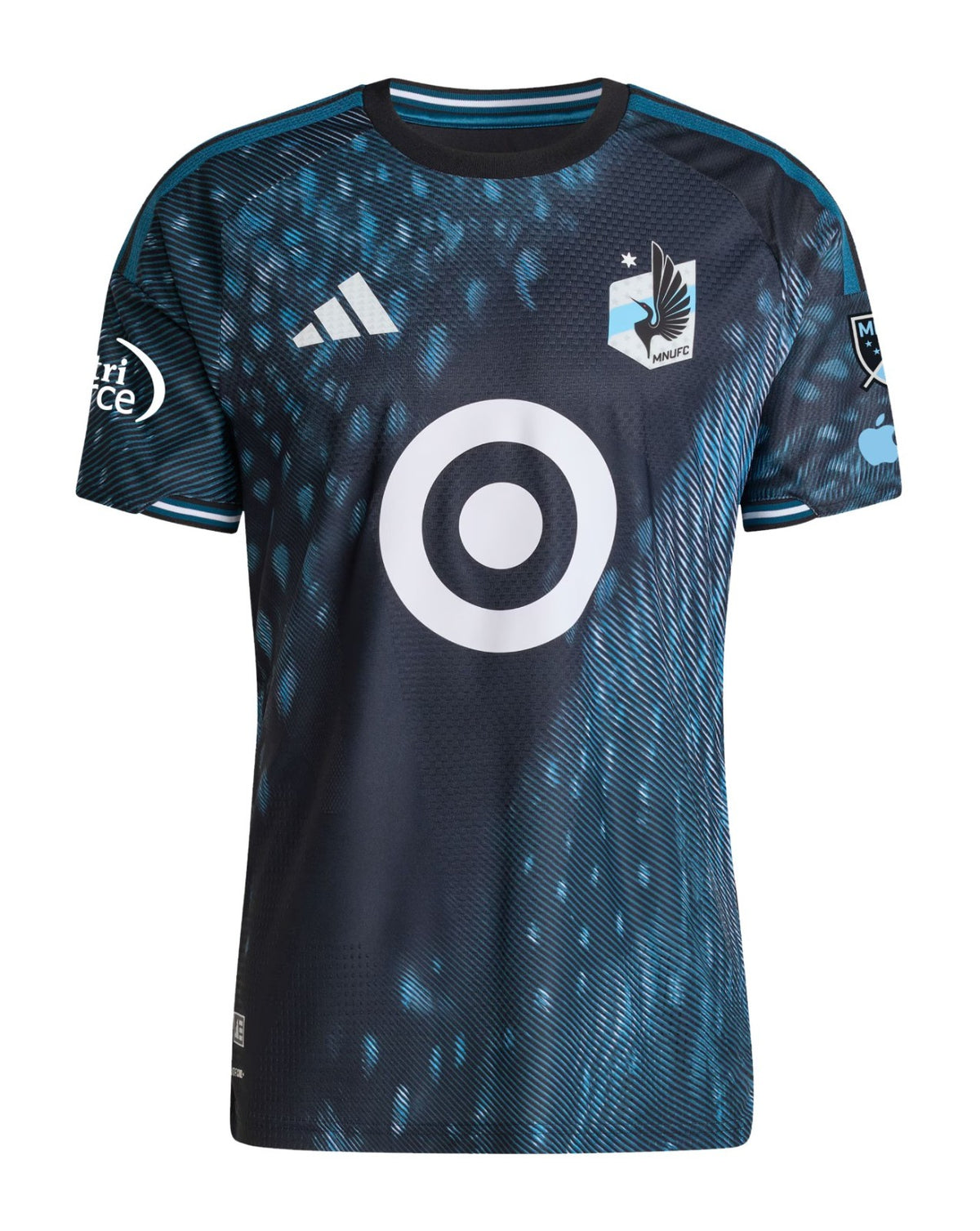Minnesota United 2026 home shirt front, dark Decade kit with loon wing pattern