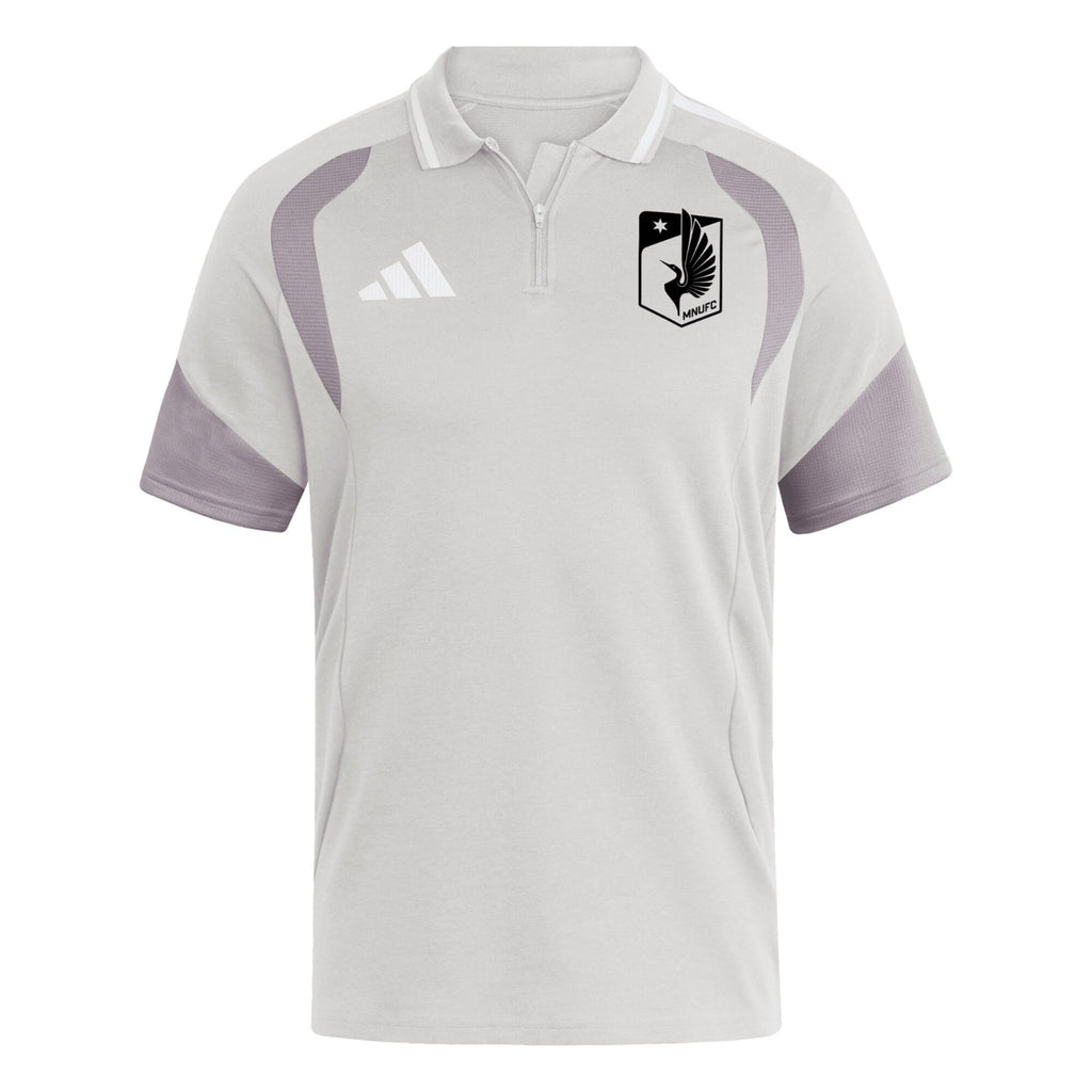 Minnesota United 2026 travel polo shirt front, light grey with white collar