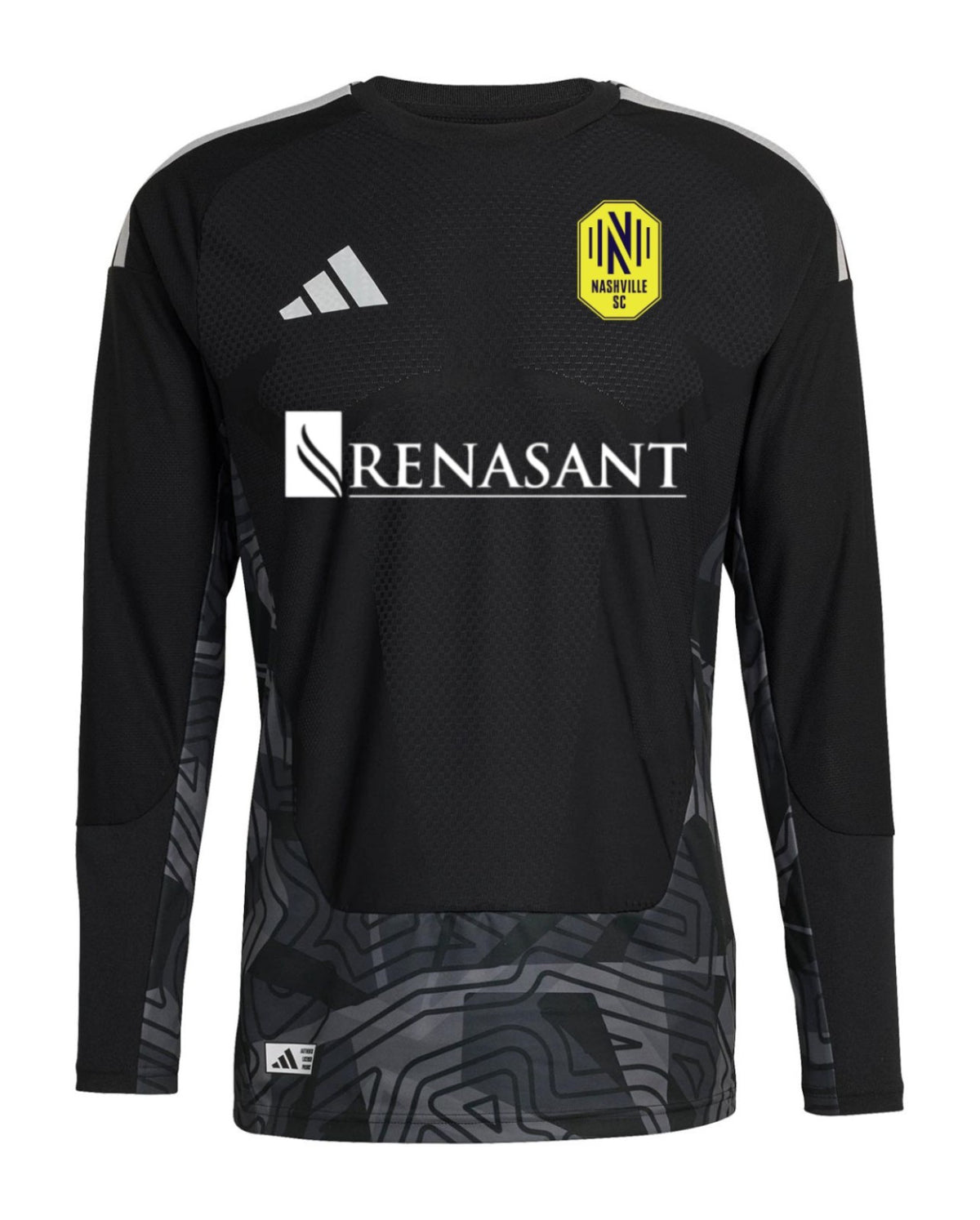 Nashville SC 2026 black goalkeeper shirt front, long sleeves with grey pattern