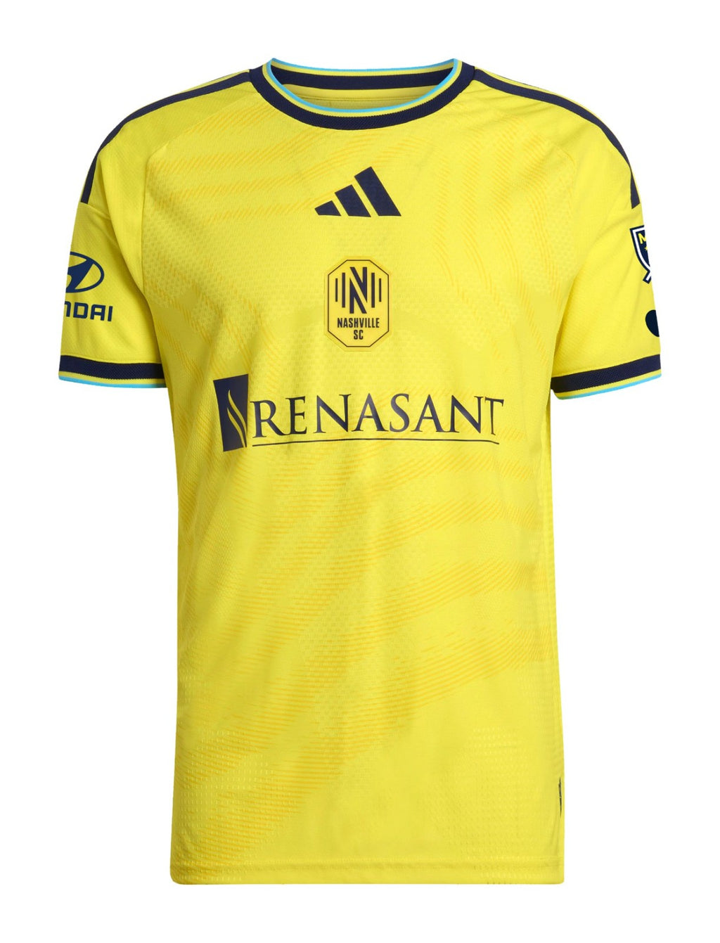 Nashville SC 2026 home shirt front, yellow Reverb kit with tricolour collar