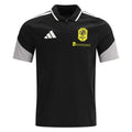 Nashville SC 2026 travel polo shirt front, black with grey sleeves