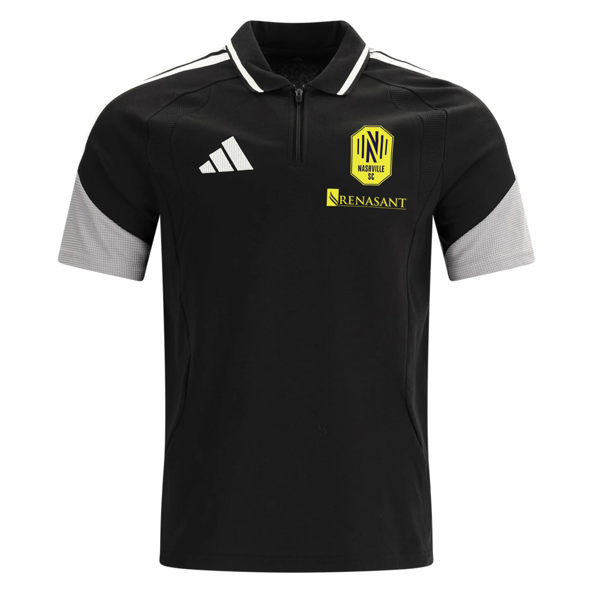 Nashville SC 2026 travel polo shirt front, black with grey sleeves
