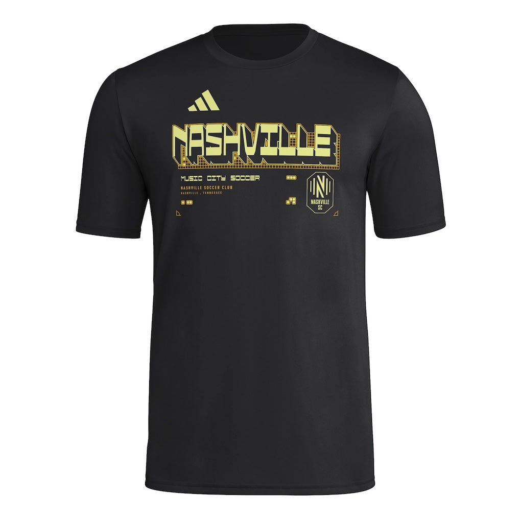 Nashville SC 2026 black travel shirt front with gold NASHVILLE graphic
