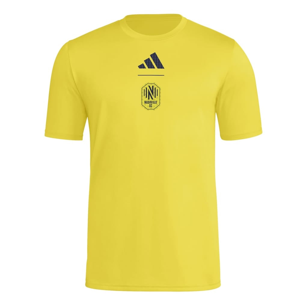 Nashville SC 2026 yellow travel shirt front with small club crest