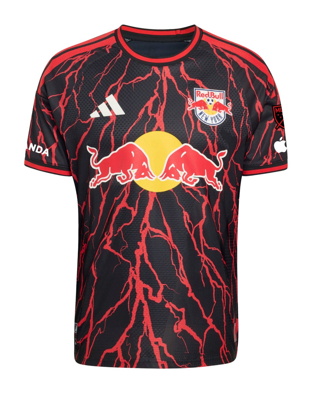 New York Red Bulls 2026 home shirt front, black Rooted kit with red graphics