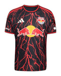 New York Red Bulls 2026 home shirt front, black Rooted kit with red graphics