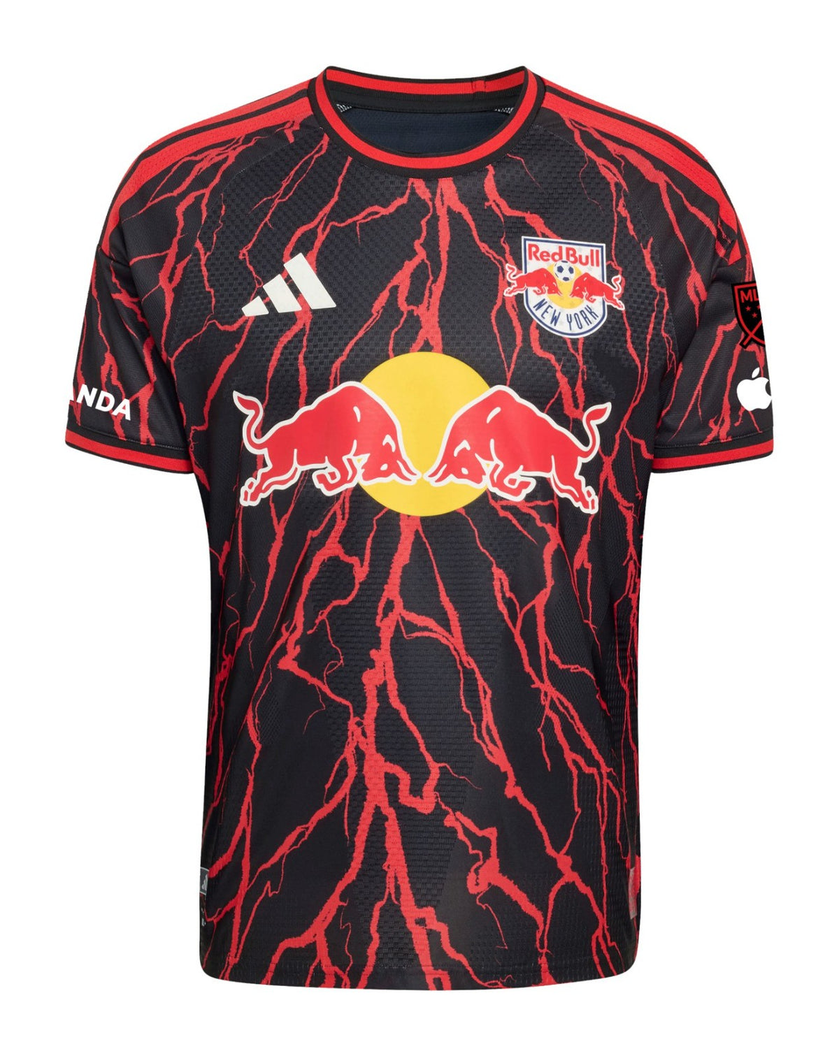 New York Red Bulls 2026 home shirt front, black Rooted kit with red graphics