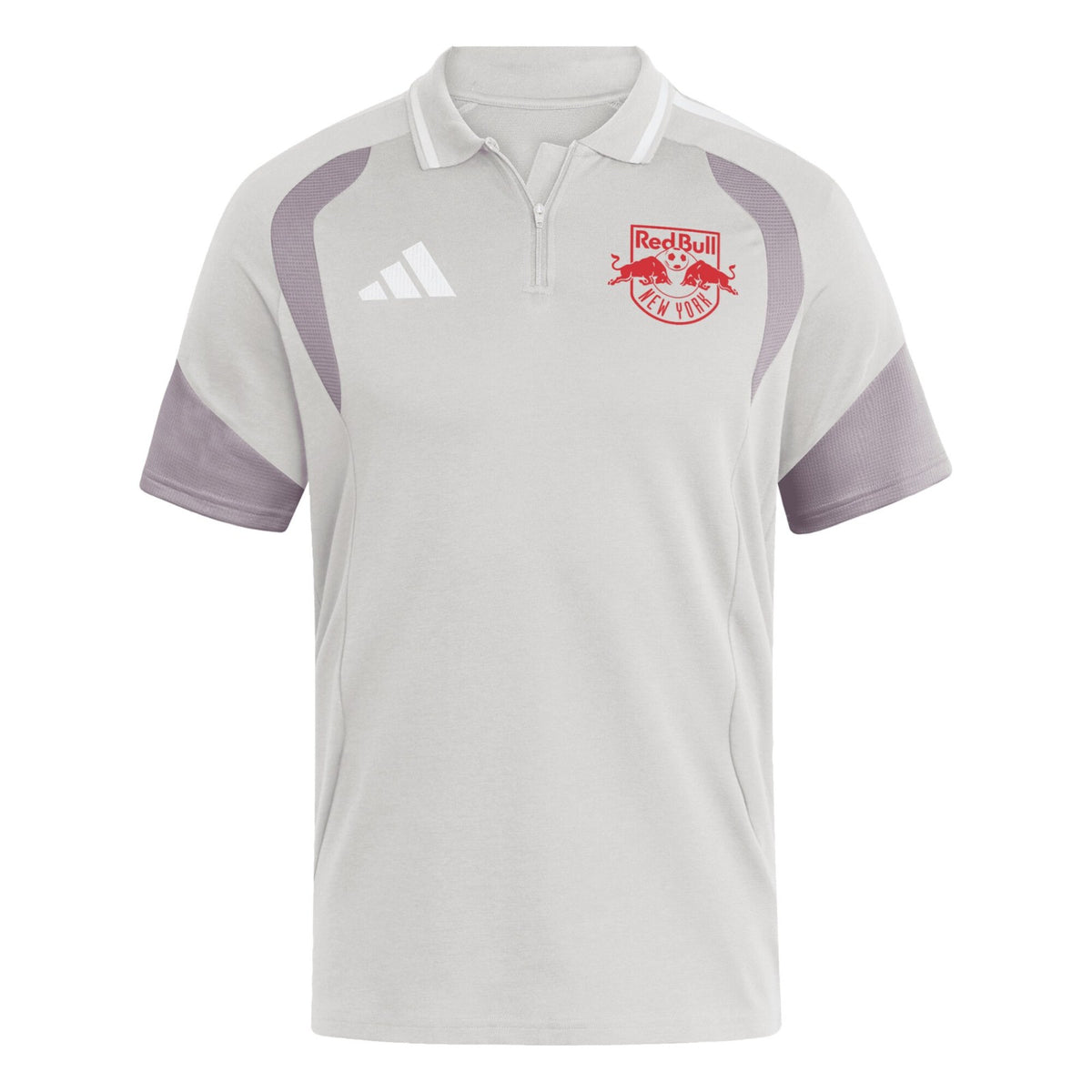 New York Red Bulls 2026 travel polo shirt front, light grey with white collar