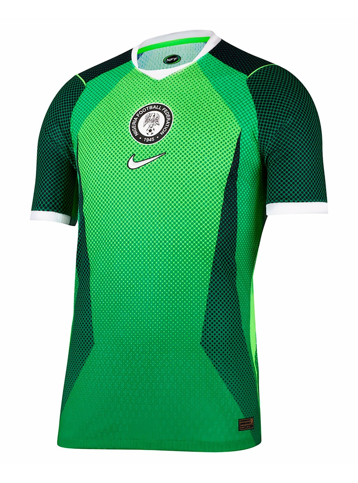 Nigeria 2026 home shirt front, bright green with dark green sides