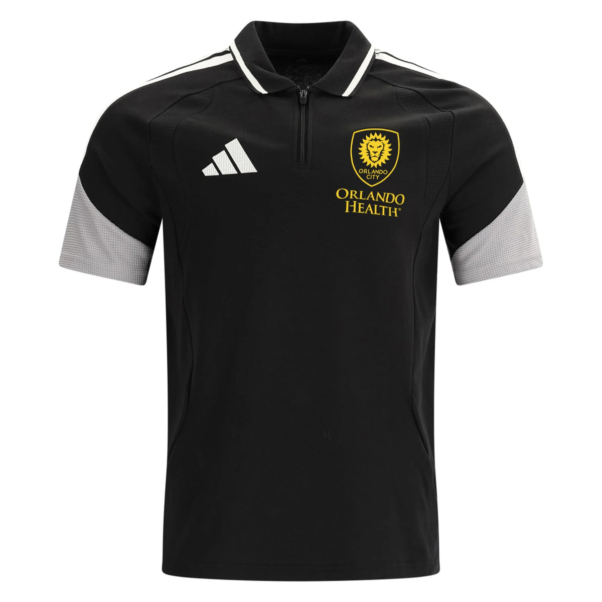 Orlando City 2026 travel polo shirt front, black with gold crest