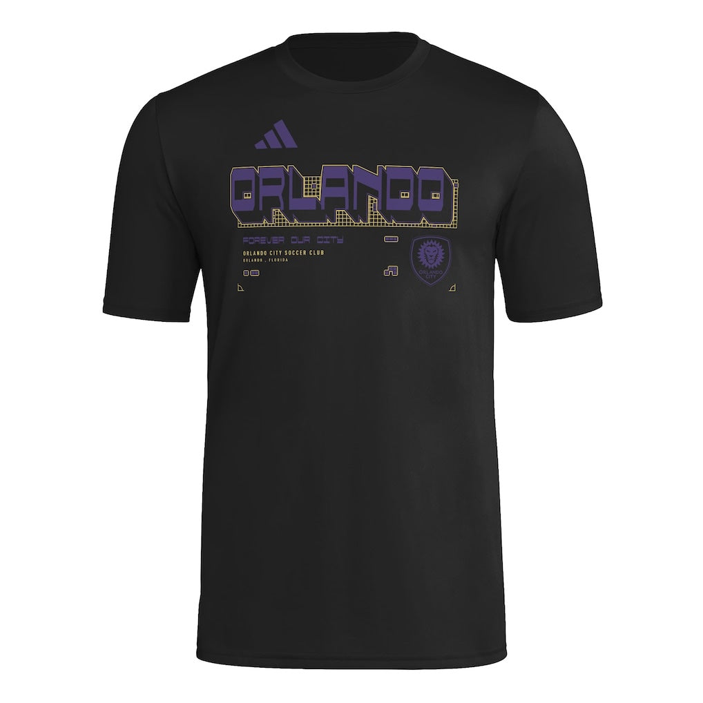 Orlando City 2026 black travel shirt front with purple ORLANDO graphic