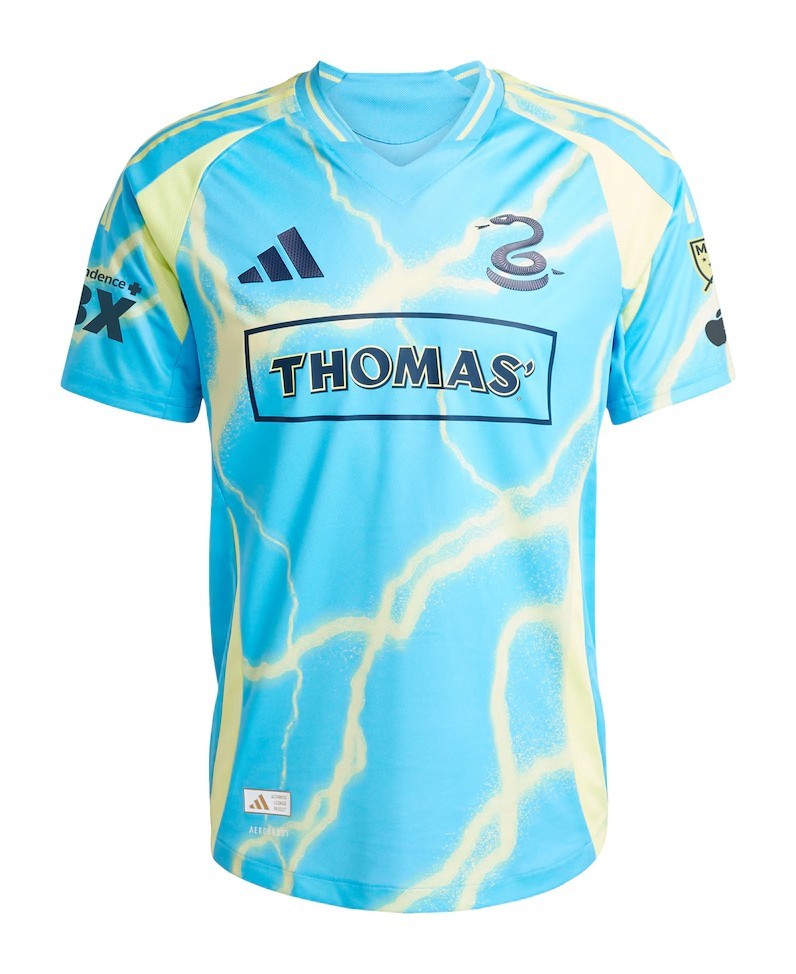 Philadelphia Union 2026 away shirt front, light blue Voltage design with yellow lightning