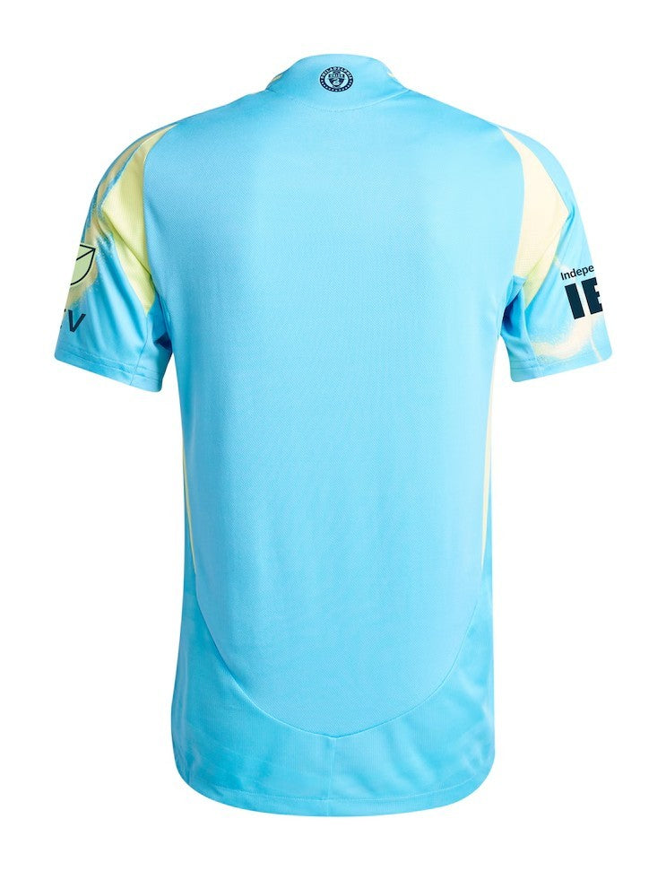 Philadelphia Union 2026 away shirt back view, sky blue with lightning-bolt pattern