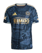 Philadelphia Union 2026 home shirt front, navy 1776 design with gold stripes