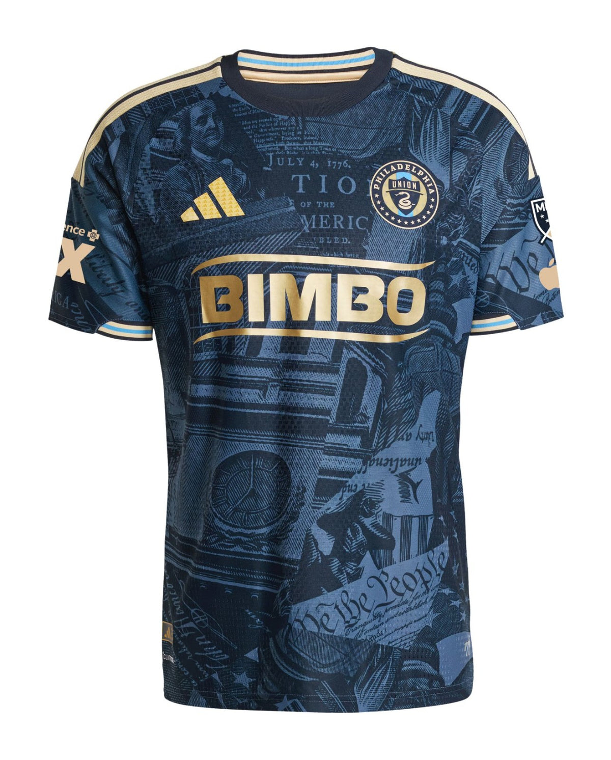 Philadelphia Union 2026 home shirt front, navy 1776 design with gold stripes