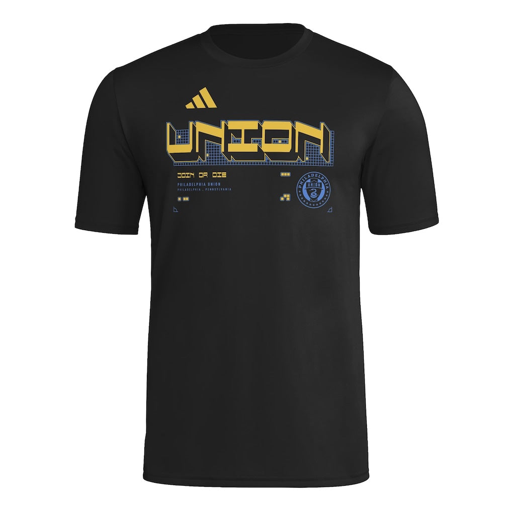 Philadelphia Union 2026 black travel shirt front with gold UNION graphic
