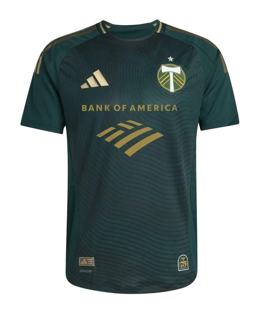 Portland Timbers 2026 home shirt front, dark green with gold sponsor