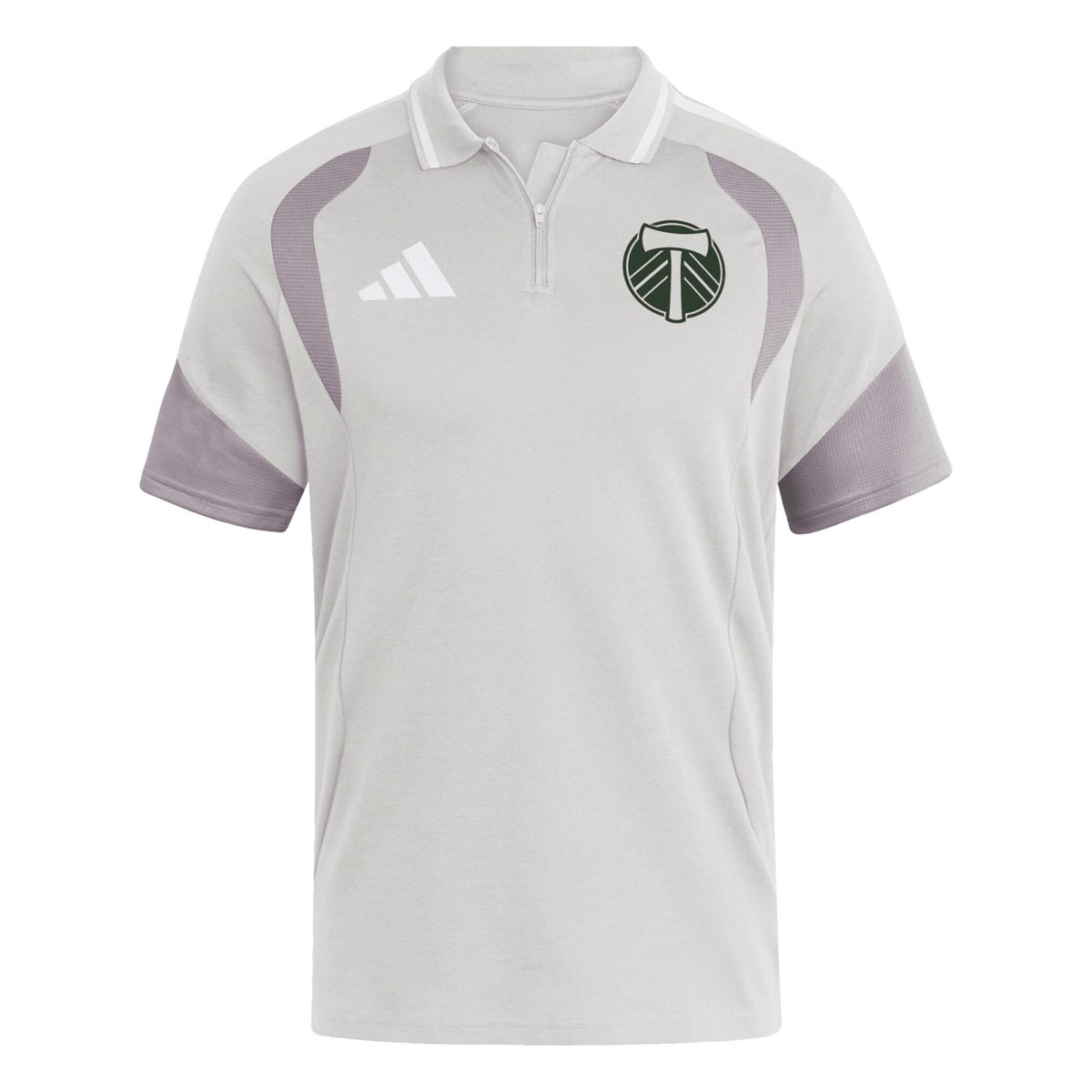 Portland Timbers 2026 travel polo shirt front, light grey with white collar