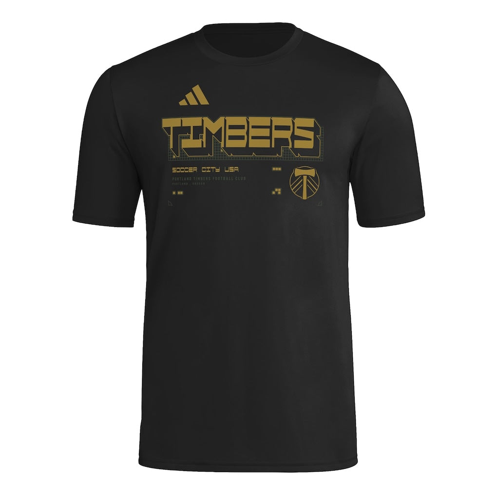 Portland Timbers 2026 black travel shirt front with gold TIMBERS graphic