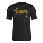 Portland Timbers 2026 black travel shirt front with gold TIMBERS graphic