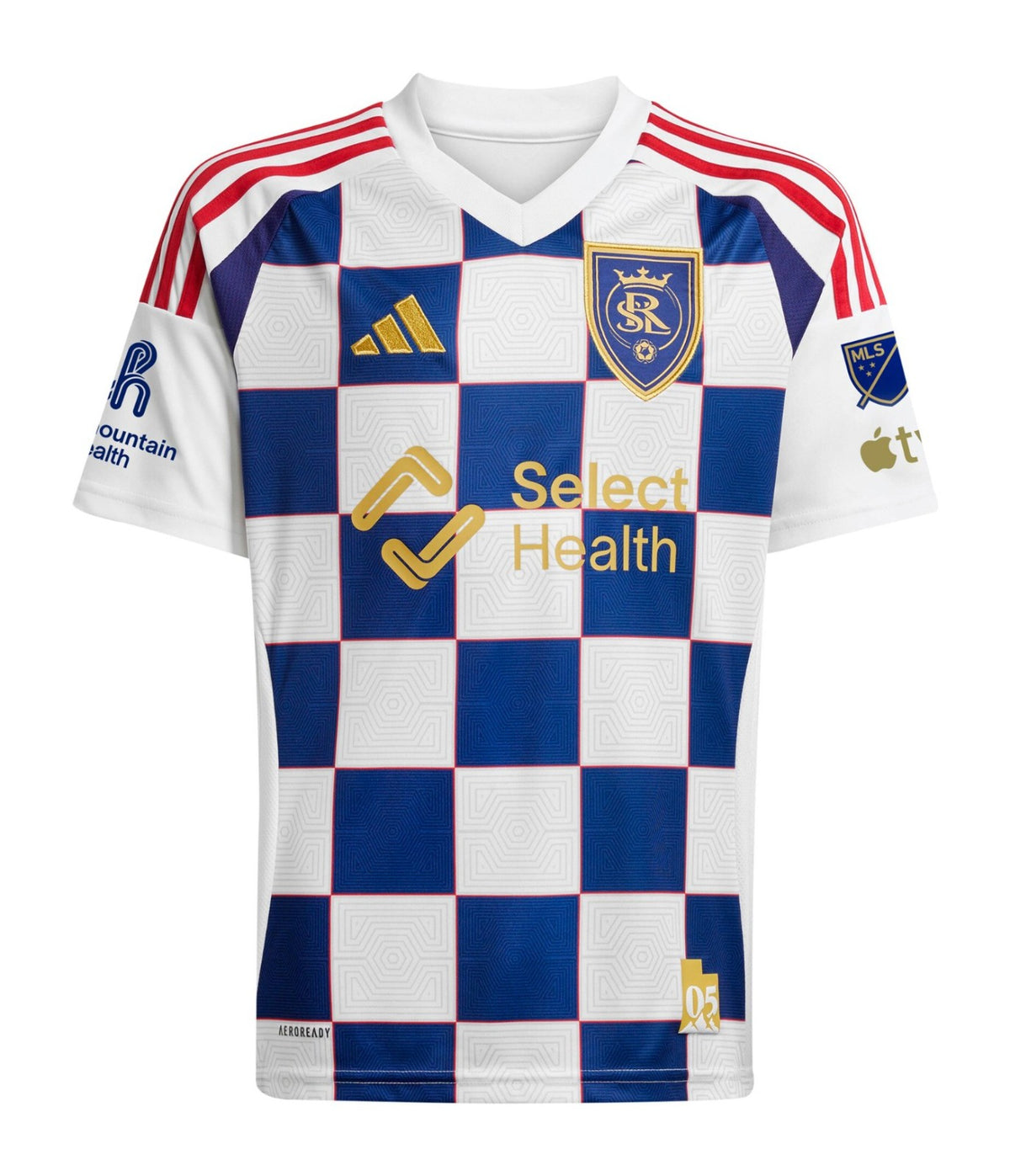 Real Salt Lake 2026 away shirt front, navy and white checkered Grid City kit