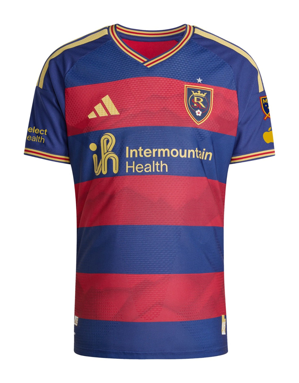 Real Salt Lake 2026 home shirt front, claret and cobalt Switchback hoops