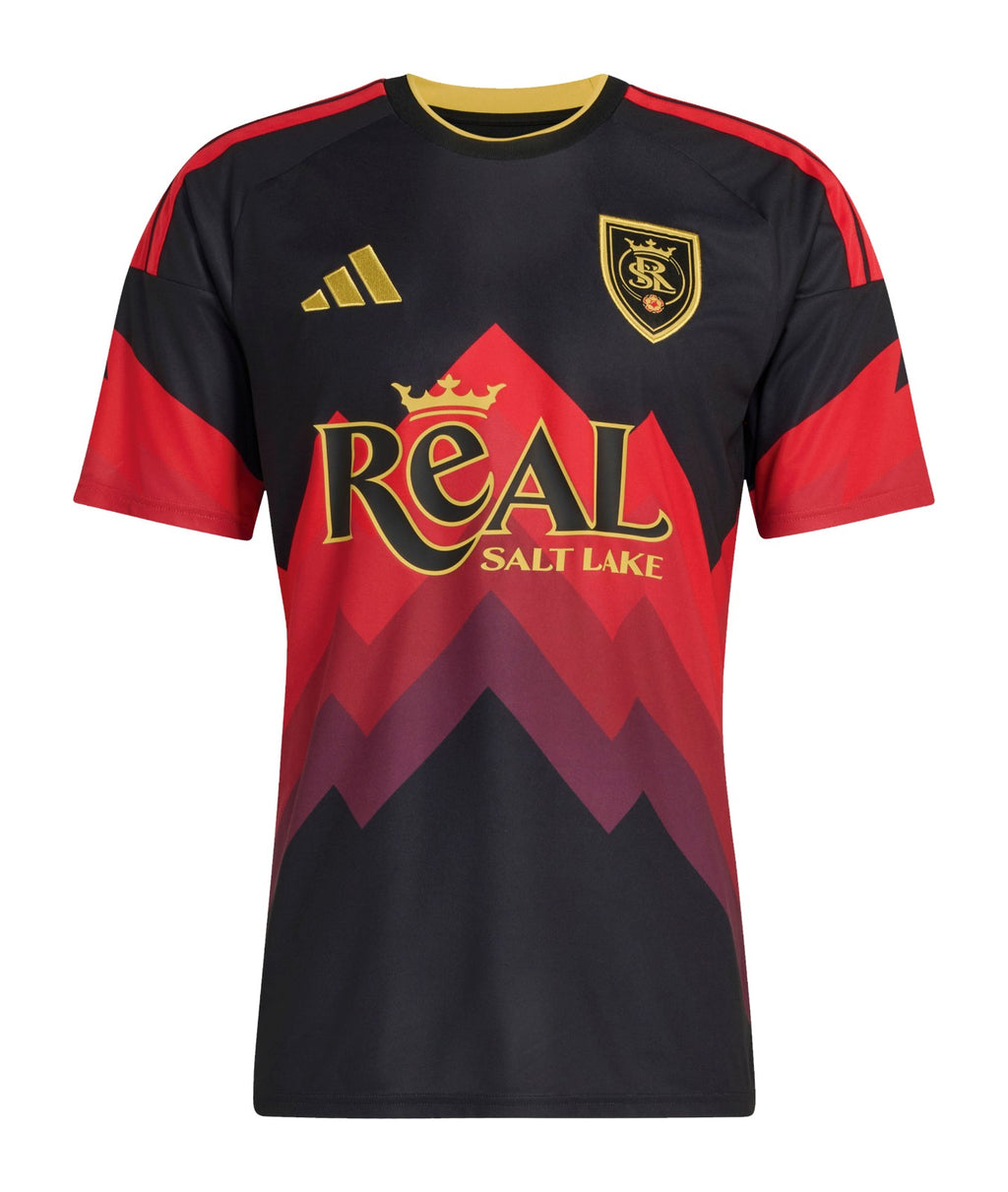 Real Salt Lake 2026 third shirt front, Black Diamond kit with claret peaks and gold wordmark