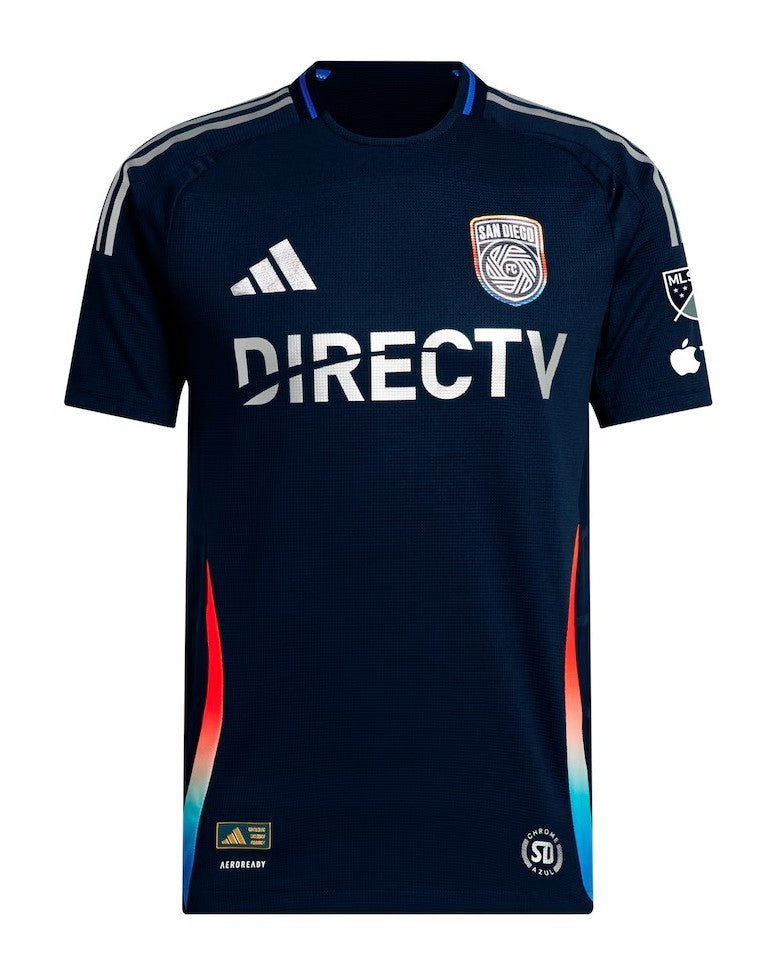 San Diego FC 2026 home shirt front, navy State of Flow kit with chrome crest