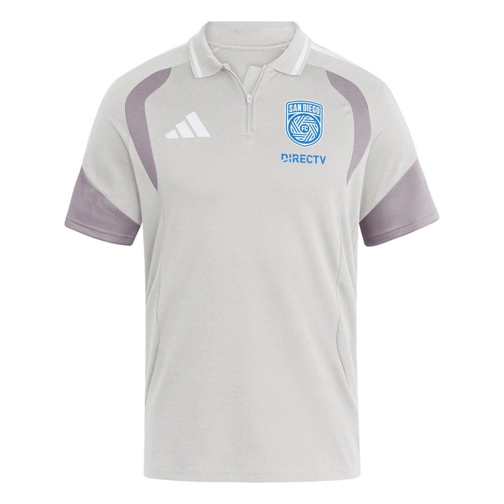 San Diego FC 2026 travel polo shirt front, light grey with white collar