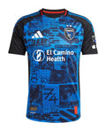 San Jose Earthquakes 2026 home shirt front, blue and black Headliner collage