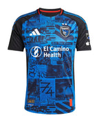 San Jose Earthquakes 2026 home shirt front, blue and black Headliner collage