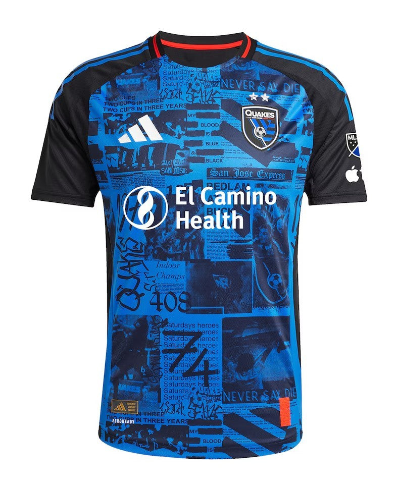 San Jose Earthquakes 2026 home shirt front, blue and black Headliner collage