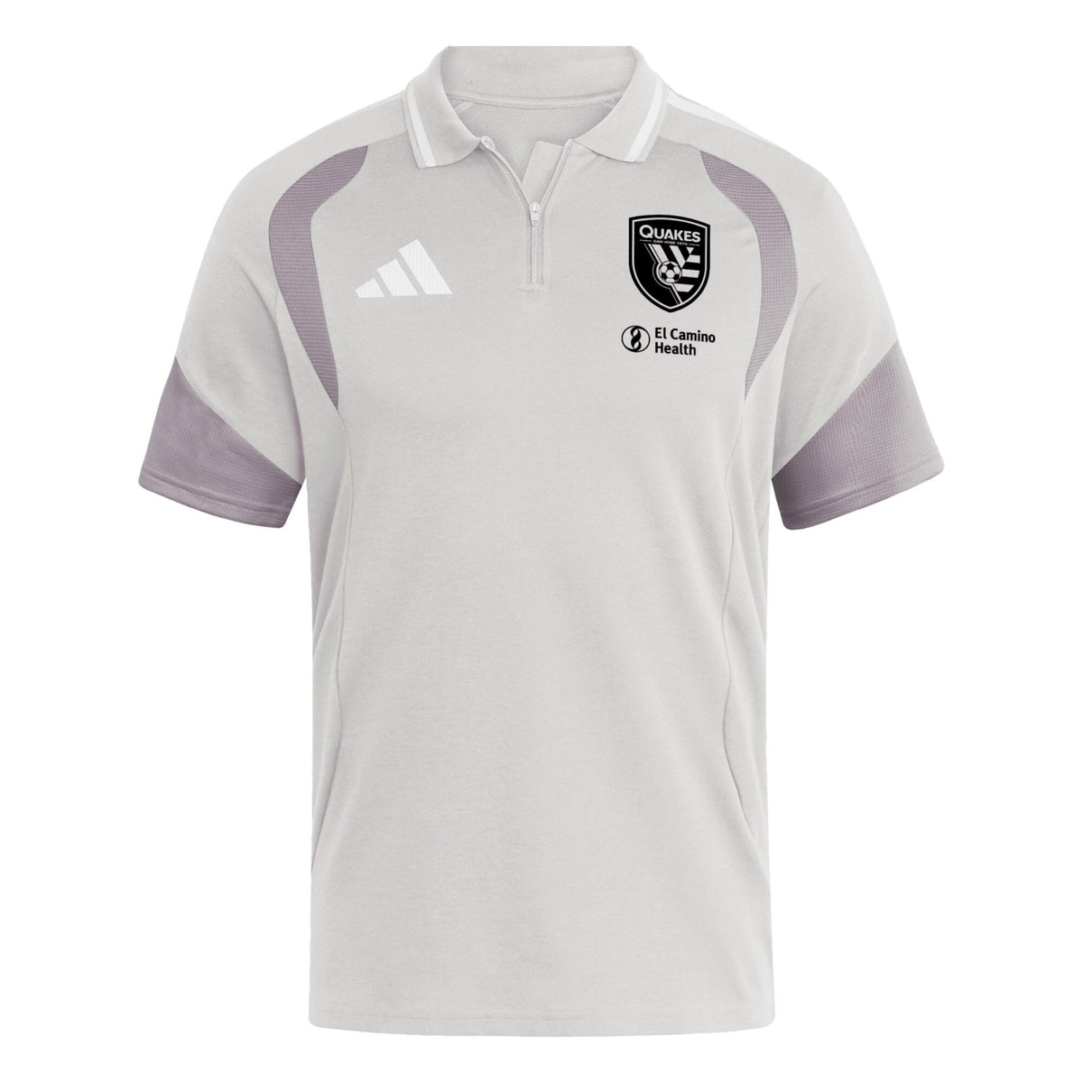 San Jose Earthquakes 2026 travel polo shirt front, light grey with white collar