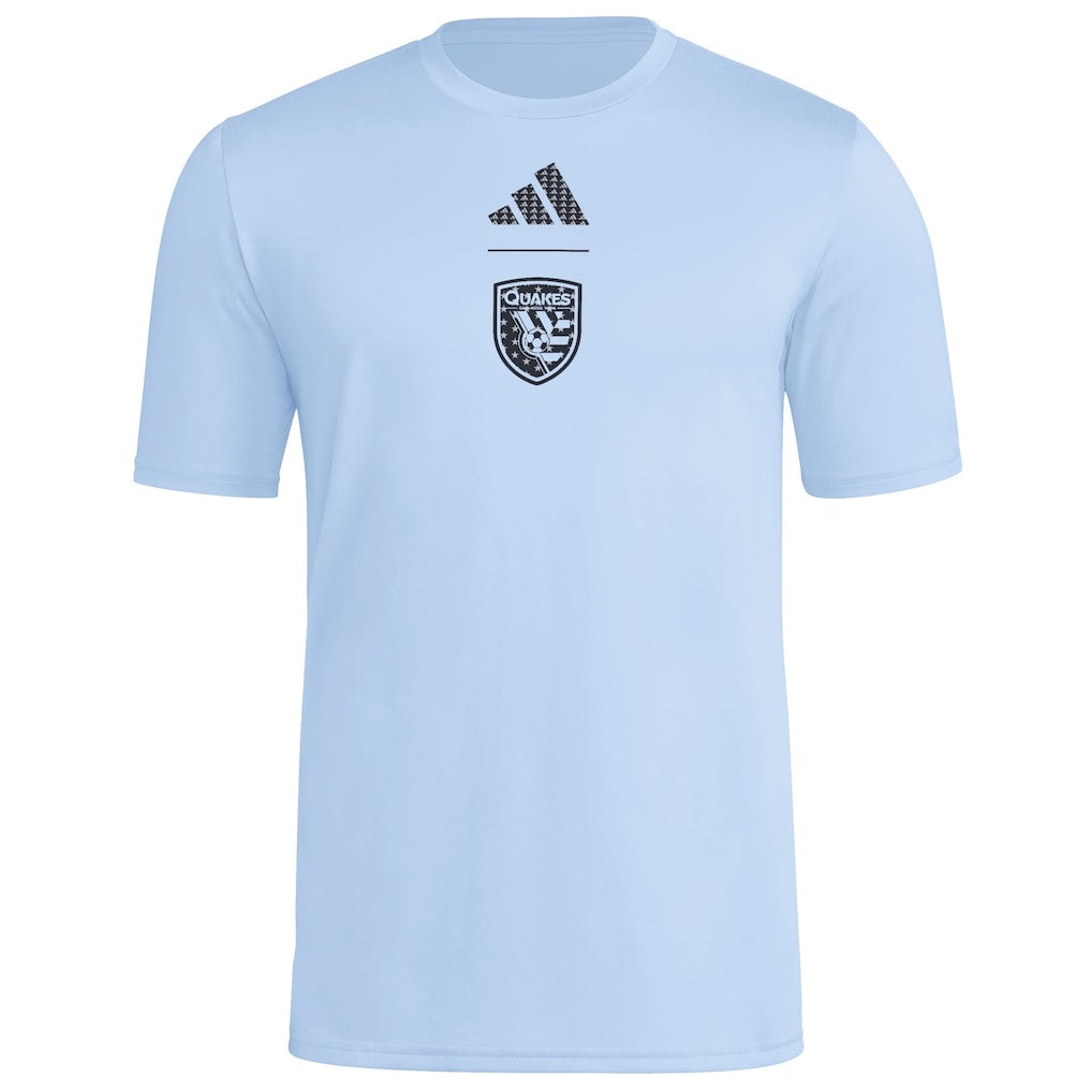 San Jose Earthquakes 2026 sky blue travel shirt front with club crest