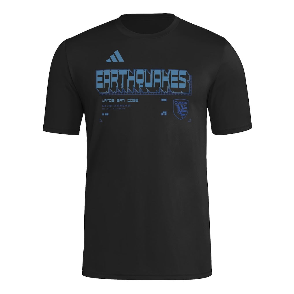 San Jose Earthquakes 2026 black travel shirt front with EARTHQUAKES graphic