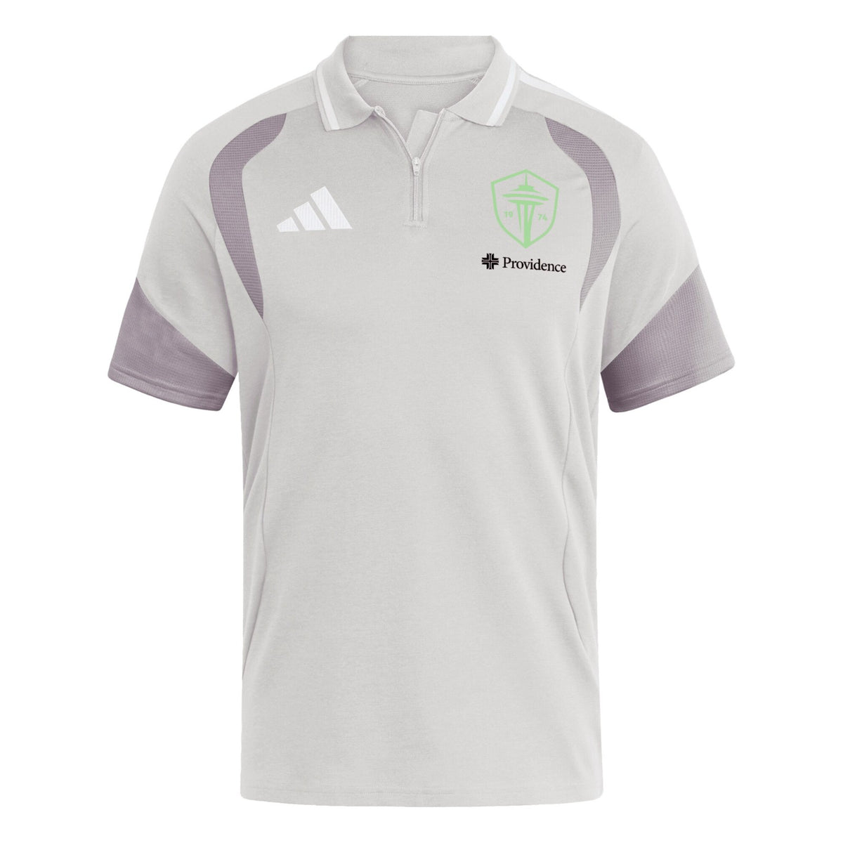 Seattle Sounders FC 2026 travel polo shirt front, light grey with white collar
