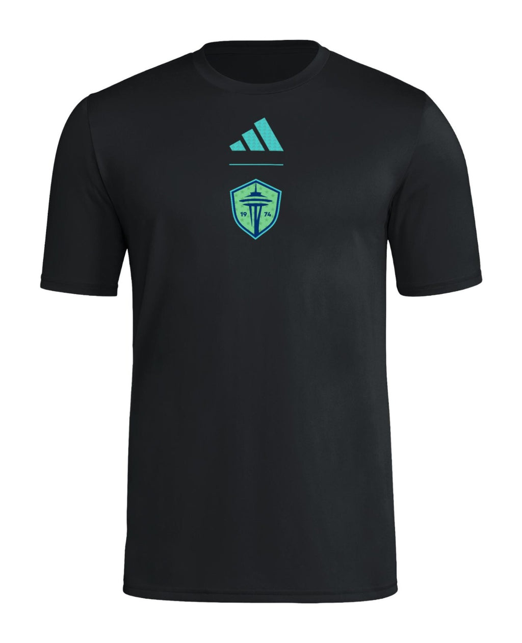 Seattle Sounders FC 2026 black travel shirt front with teal crest