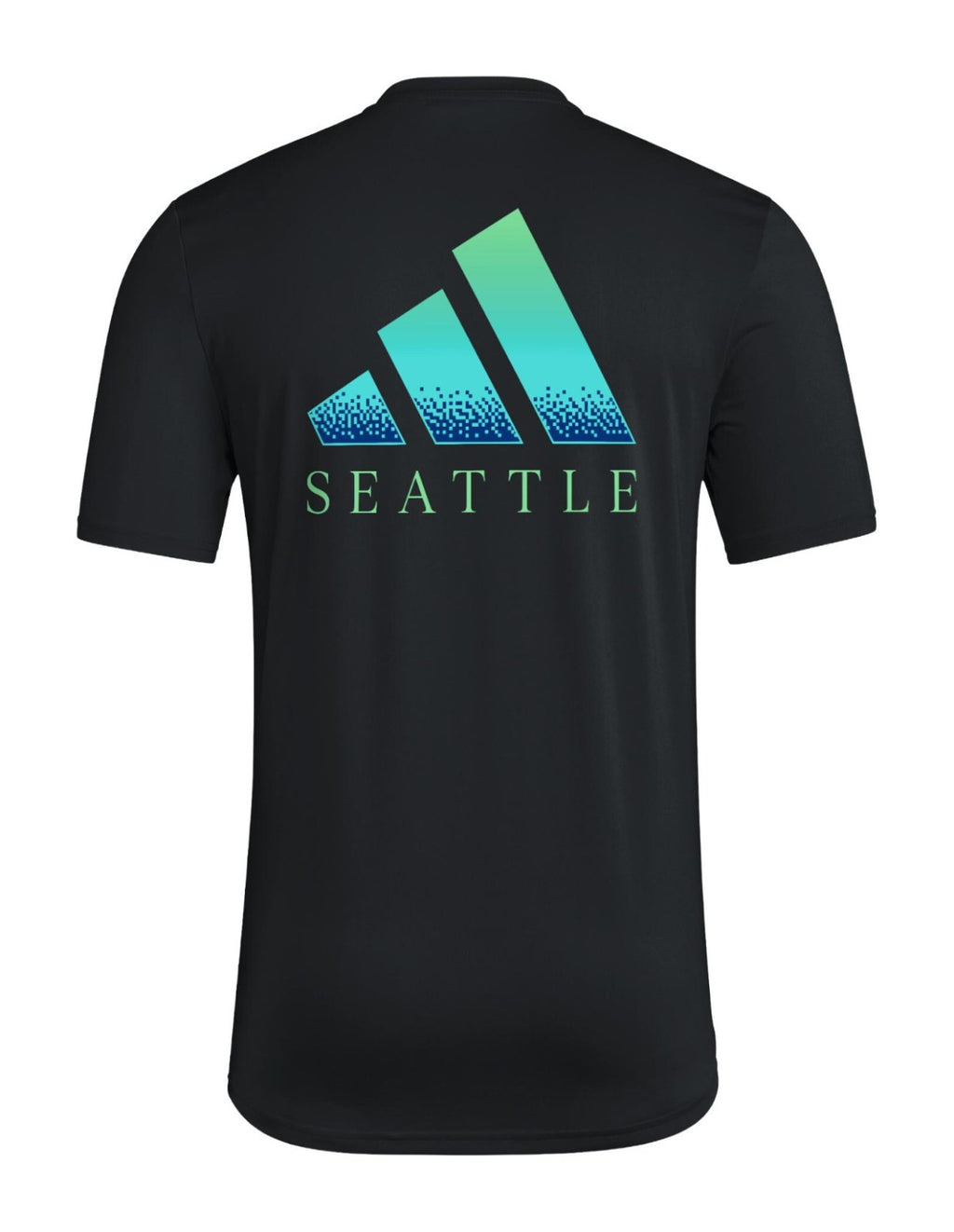 Seattle Sounders FC 2026 black travel shirt with large teal SEATTLE graphic
