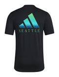 Seattle Sounders FC 2026 black travel shirt with large teal SEATTLE graphic