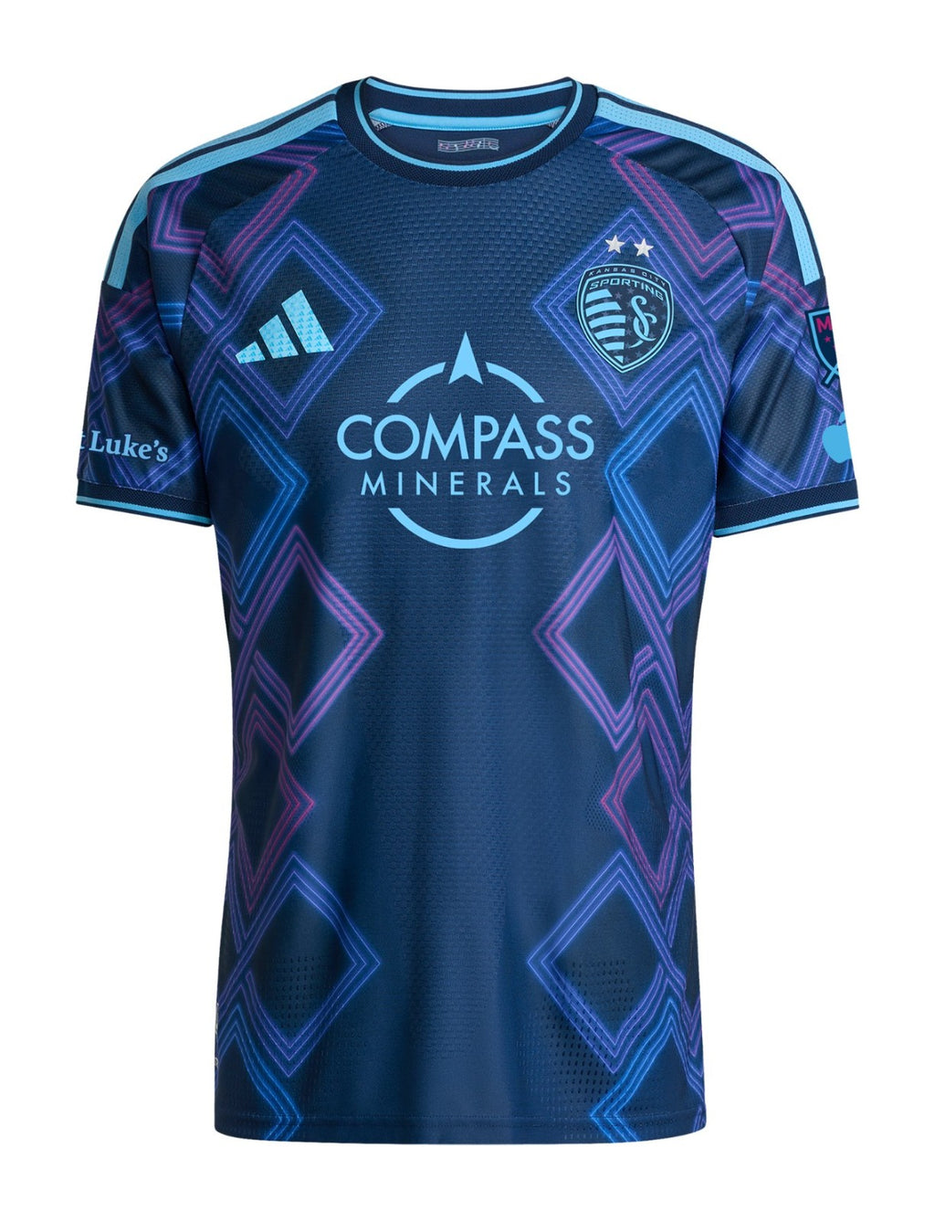 Sporting Kansas City 2026 away shirt front, navy 18th & Vine kit with neon diamonds