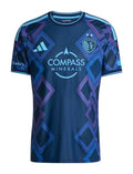 Sporting Kansas City 2026 away shirt front, navy 18th & Vine kit with neon diamonds