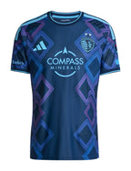 Sporting Kansas City 2026 away shirt front, navy 18th & Vine kit with neon diamonds