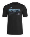 Sporting Kansas City 2026 travel shirt front, black with blue SPORTING graphic