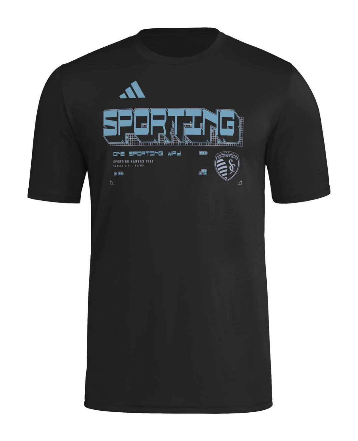 Sporting Kansas City 2026 travel shirt front, black with blue SPORTING graphic