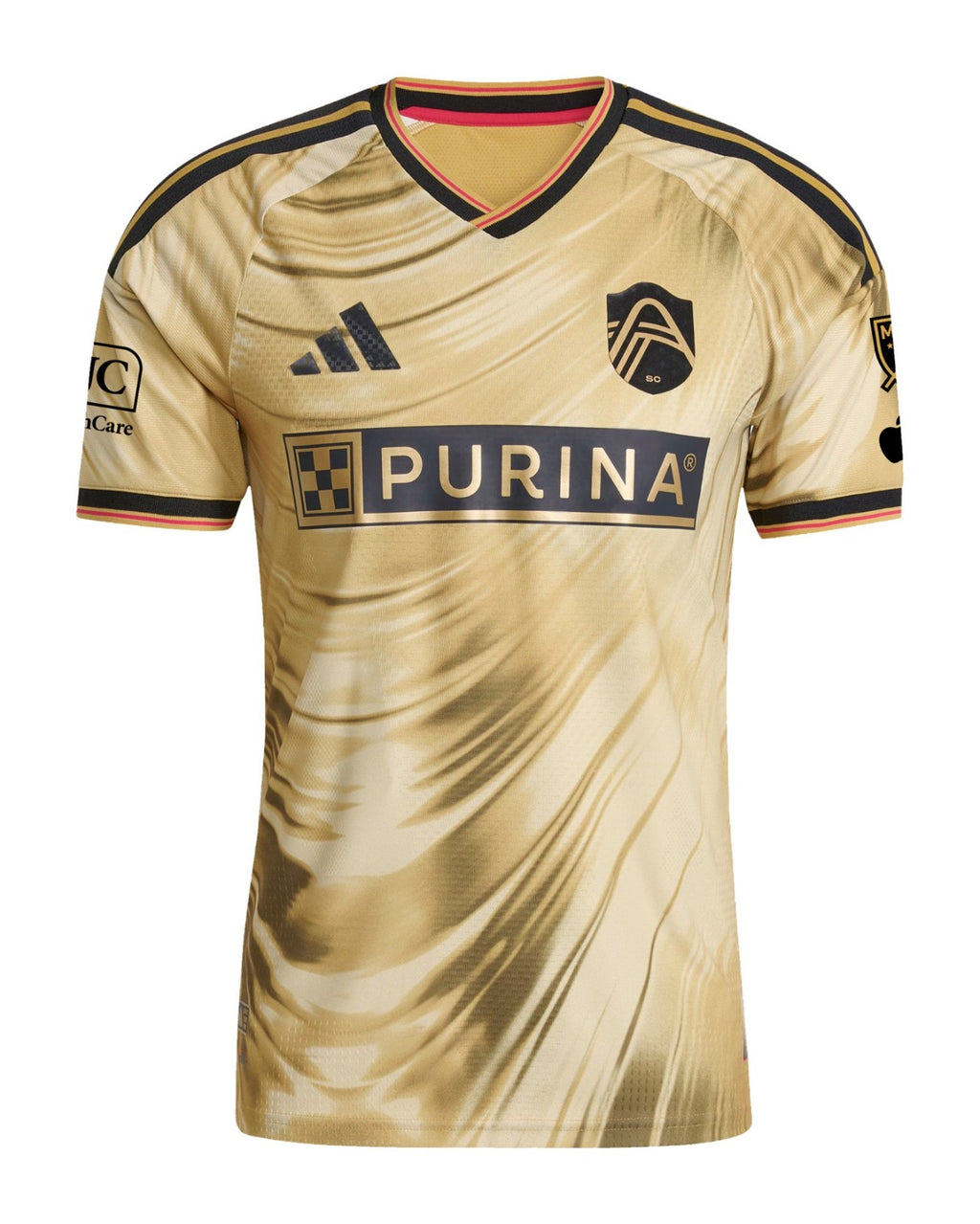 St. Louis City 2026 away shirt front, gold Tina Turner kit with swirl pattern