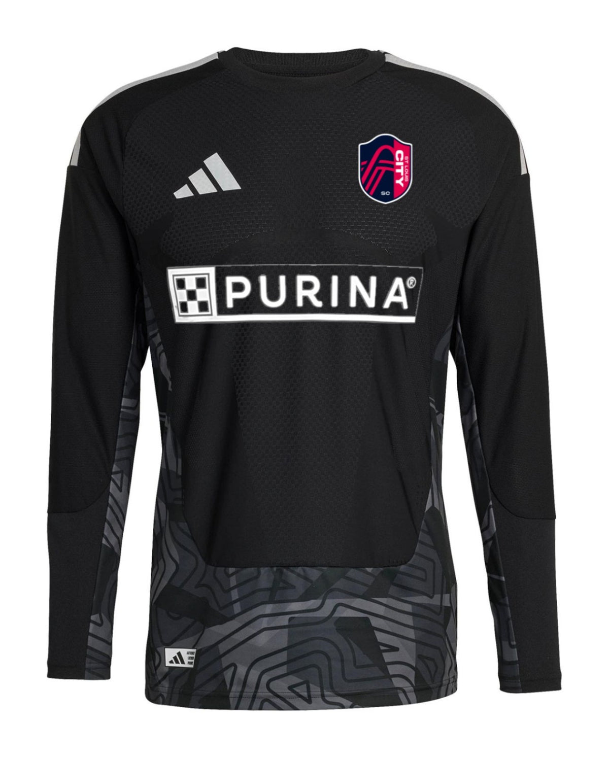 St. Louis City 2026 black goalkeeper shirt front, long sleeves with grey hem pattern